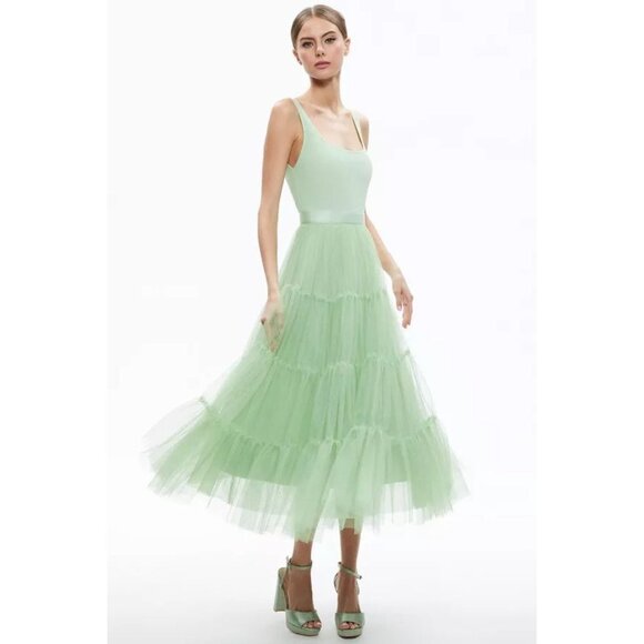 Alice + Olivia Chara Pistachio Green Tulle Midi Dress 8 - Picture 2 of 16